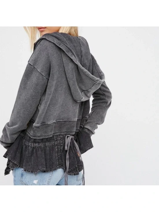 Free People When Worlds Meet Hoodie Large Gray Black Distressed Zip Sweatshirt - Picture 5 of 15
